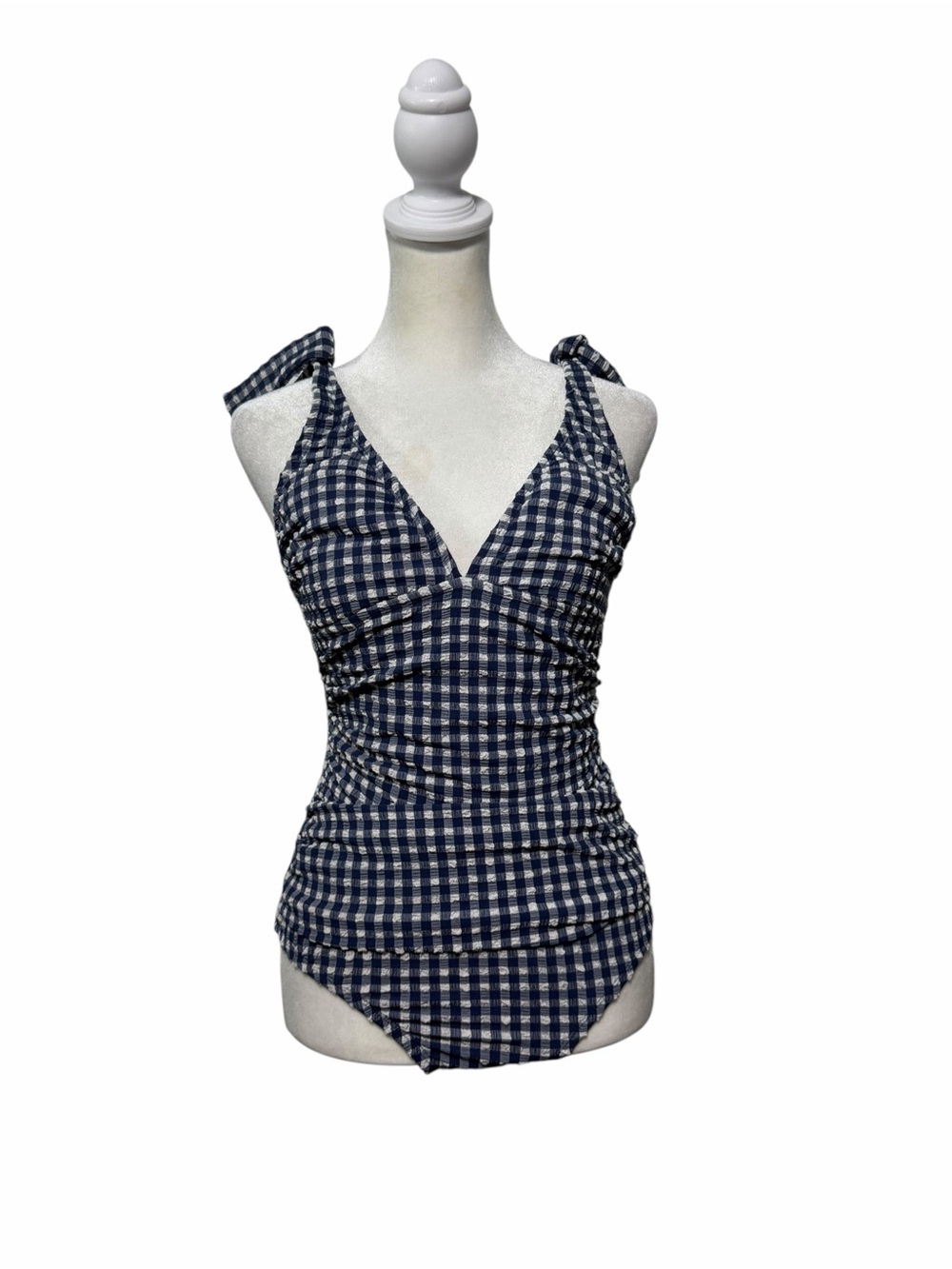Ellen Tracy Gingham Seersucker One Piece Swimsuit Tie Strap Ruched XS